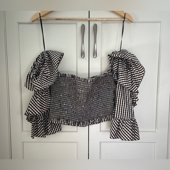 Petersyn smocked top off shoulders Sz. M cotton - Picture 3 of 8